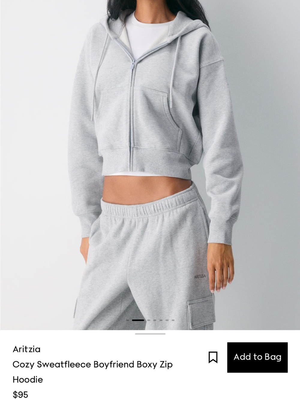 Aritzia Light Gray Zip-Up Cropped Sweatfleece Hoodie